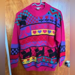 vintage acrylic lurex sweater scottie dog heart flower bows geometric 80s 1980s
